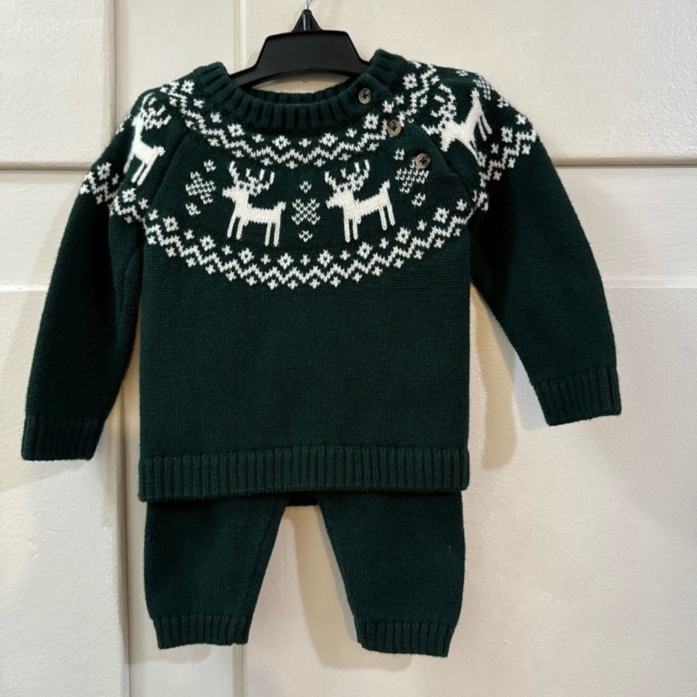 Starting Out Baby Boys Christmas Green two piece sweater set with Reindeers